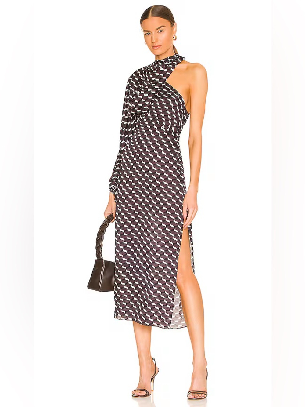 NWT - L’Academie - Ray Midi dress. One sleeve Geo print. Large * AS IS